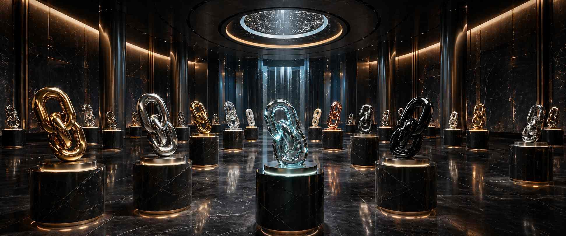 A dark gallery of chain-link sculptures on lit pedestals, each link cast in a different material — gold, silver, glass, copper, black.