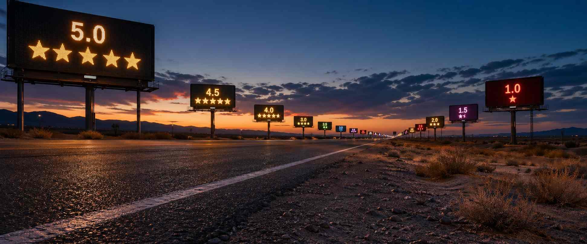 A desert highway lined with billboards displaying star ratings — 5.0 in the foreground, smaller boards receding into the distance at sunset.