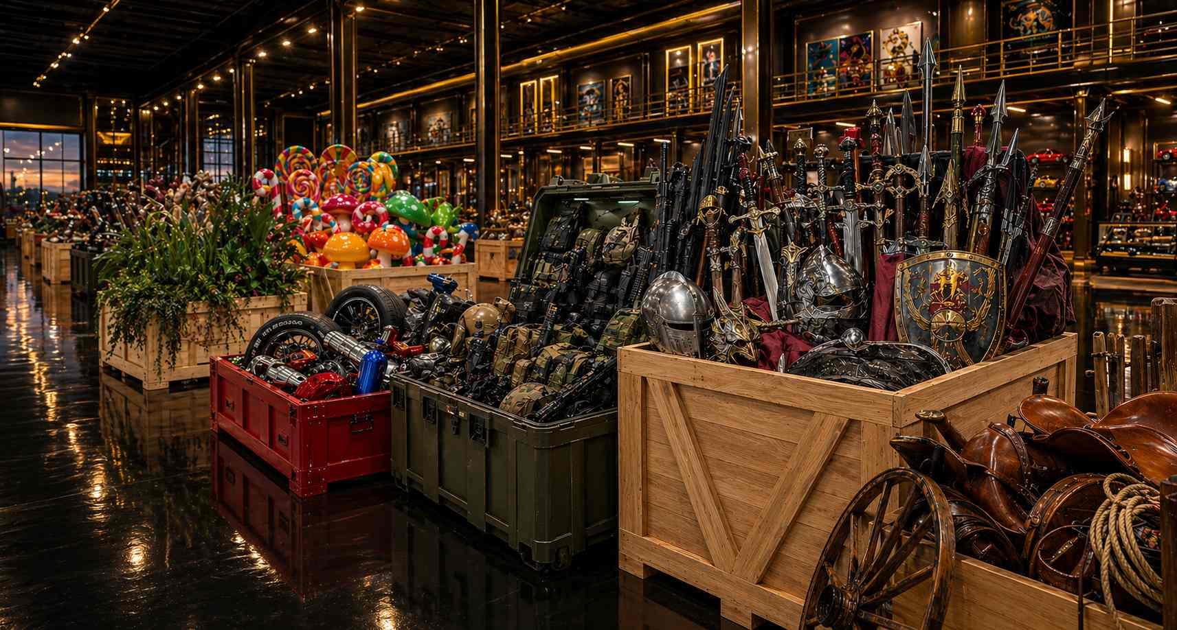 A grand warehouse of wooden crates filled with swords, shields, helmets, motorcycles, lollipops, and other game-iconic loot stretching into the distance.