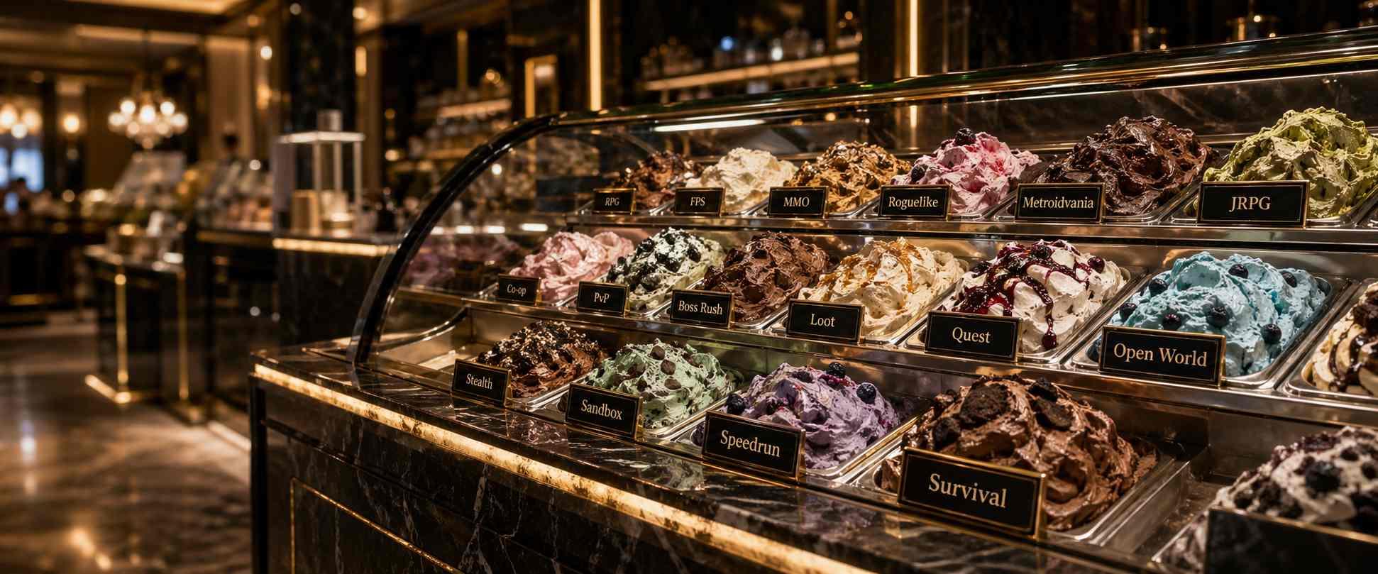 An ornate ice cream display case with flavors labeled by gaming genres — RPG, JRPG, Roguelike, Metroidvania, Open World, and more.